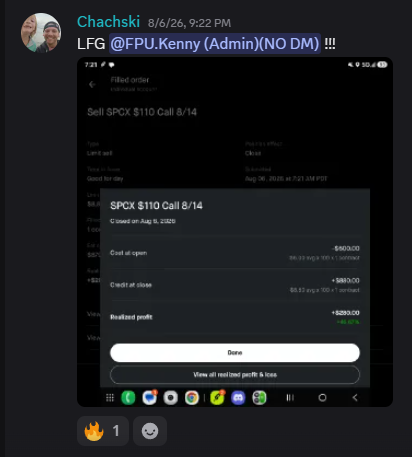 Member screenshot posted by Chachski: sell SPCX $110 Call 8/14, realized profit $280.00