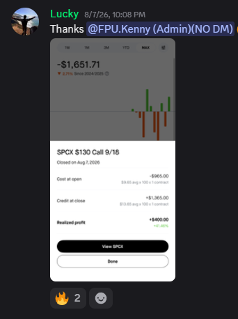 Member screenshot posted by Lucky: SPCX $130 Call 9/18, realized profit $400.00
