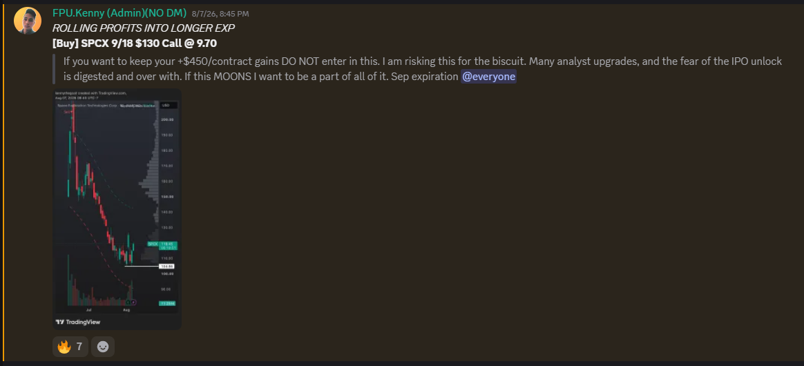 Discord post from FPU.Kenny: [Buy] SPCX 9/18 $130 Call at 9.70, with the reasoning and a TradingView chart attached