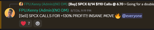 Discord post from FPU.Kenny: [Buy] SPCX 8/14 $110 Calls at 6.70, followed by [Sell] SPCX calls for +130%