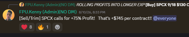 Discord post from FPU.Kenny: [Sell/Trim] SPCX calls for +75% profit